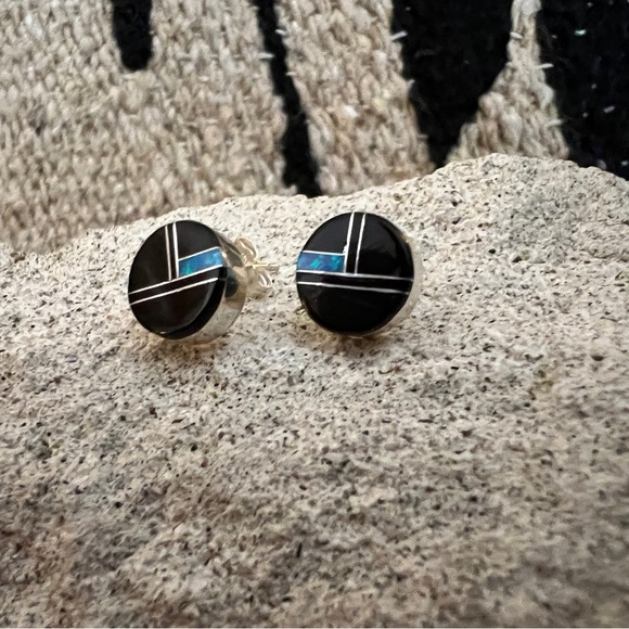Zuni Jewelry - ❤️ SIGNED Native “8M” Zuni Black Onyx & Opal Stud Earrings 925 New Mexico 9.6mm